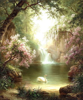 Painting of a white swan on a serene pond with a waterfall, flowering trees, and lush forest