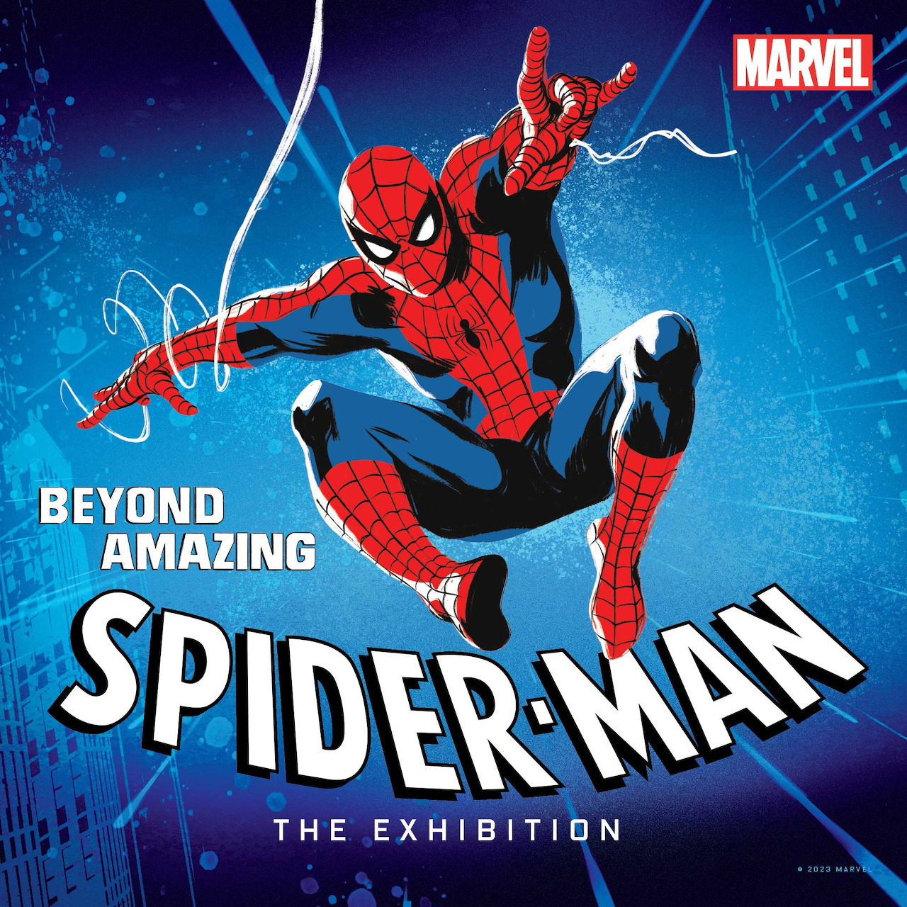 Illustrated Spider-Man poster with Marvel logo and blue city background