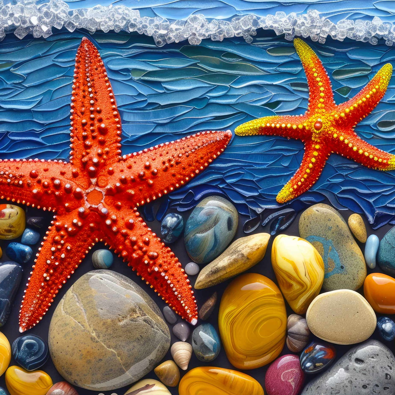 Two bright orange starfish on multicolored beach stones with blue ocean waves and white sea foam in background
