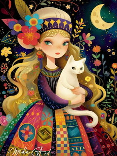 Illustrated girl holding a white cat with moon, stars, and flowers in a decorative night scene.