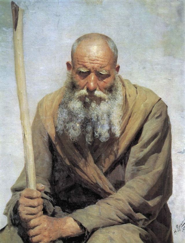 Portrait painting of an elderly bearded man in worn robes holding a wooden walking staff