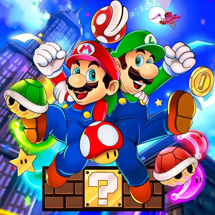 Mario and Luigi leaping with mushrooms, coins, and game items on blue starry background