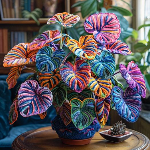 Colorful crocheted plant with striped leaves in a pot on a wooden table indoors