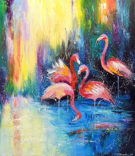 Colorful impressionist painting of five pink flamingos in blue water with vibrant rainbow brushstroke background