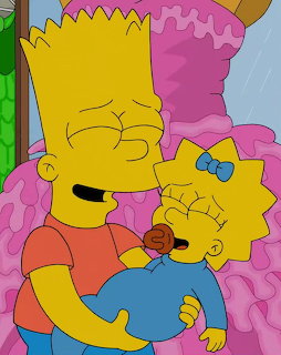 Bart Simpson hugging baby Maggie with pacifier, both smiling, pink background