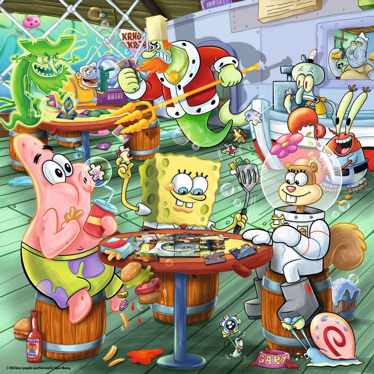 SpongeBob and friends at a Christmas party with holiday decorations and festive atmosphere