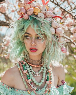 Woman with mint green hair wearing Easter egg floral crown and layered beaded necklaces among spring blossoms