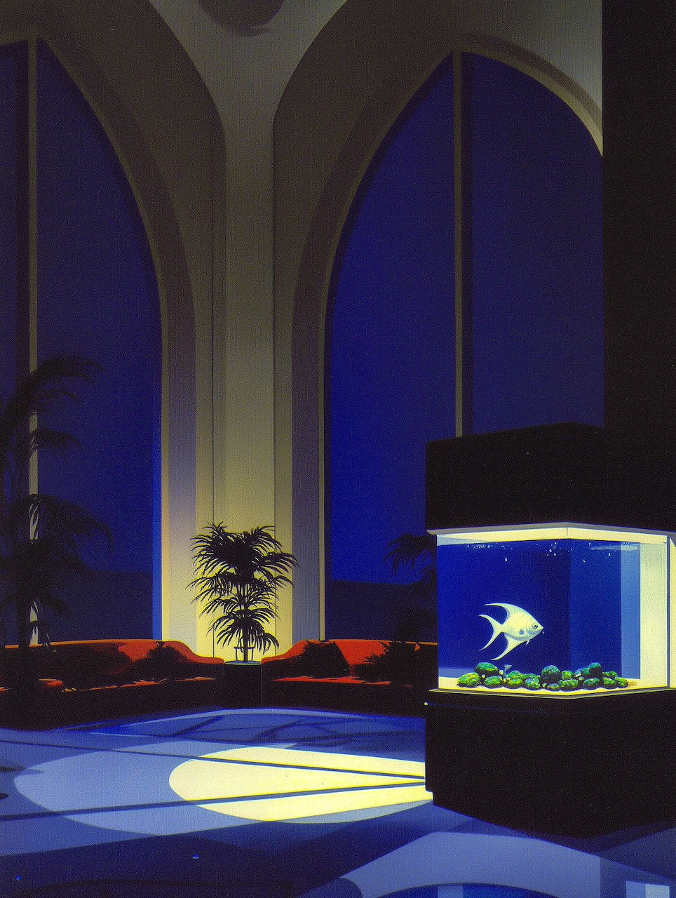 Modern room with blue-lit arched windows, glowing aquarium, and decorative plant at night
