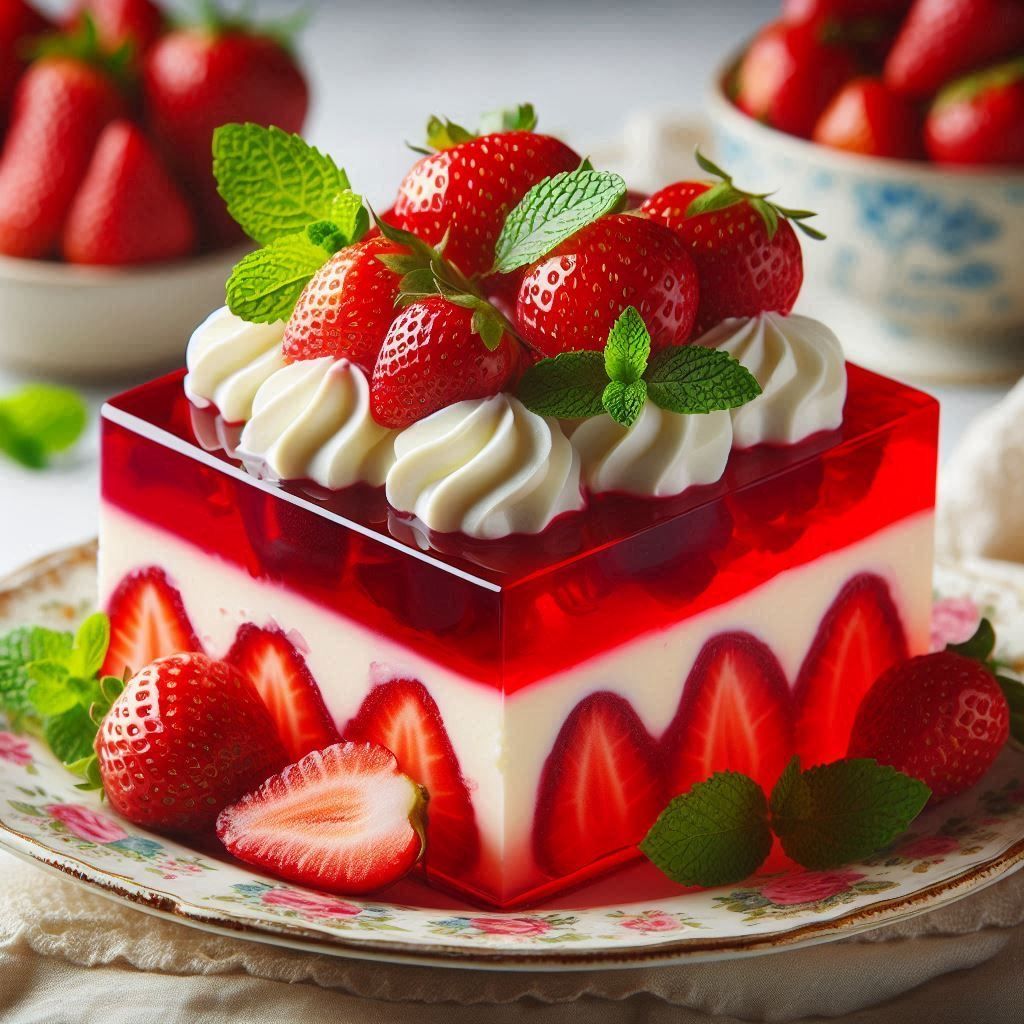 Layered strawberry dessert cake with whipped cream, red jelly, fresh berries and mint leaves