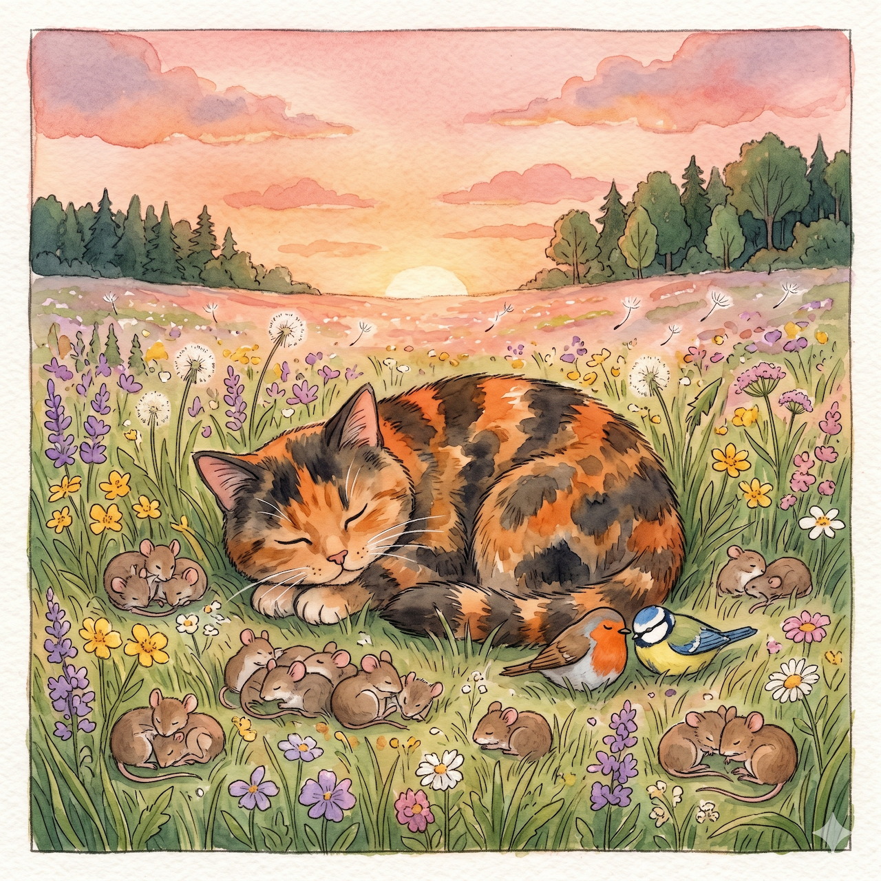 Illustrated calico cat sleeping in a flower field at sunset with mice and two birds nearby.