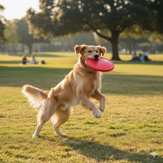 Golden retriever leaping to catch pink frisbee on park lawn at sunset