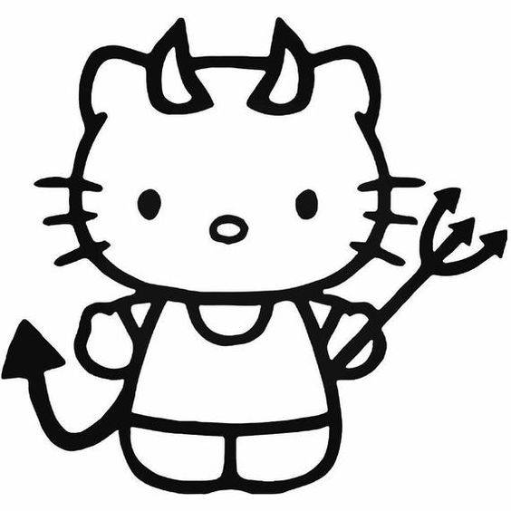 Black and white line drawing of a cute cat with devil horns, tail, and trident