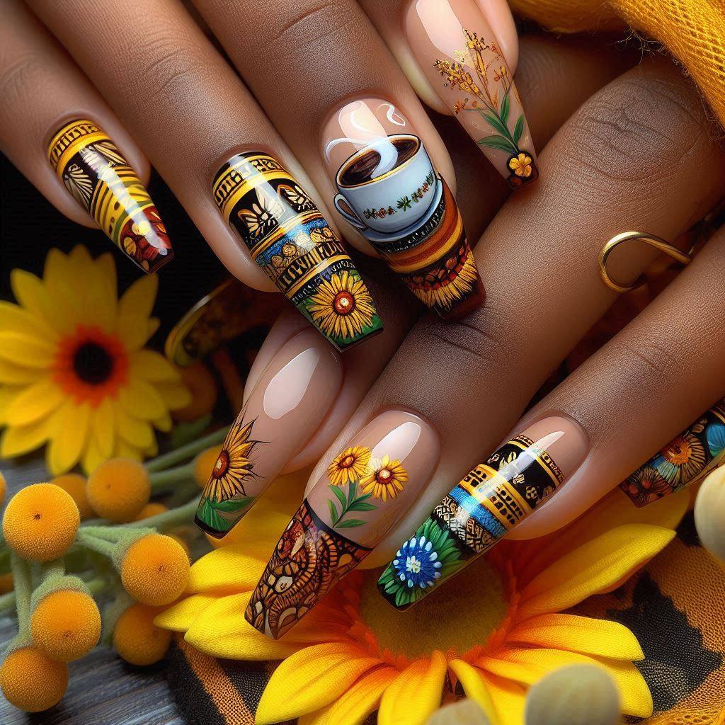 Close-up of hands showing elaborate sunflower-themed nail art with yellow flowers and decorative patterns