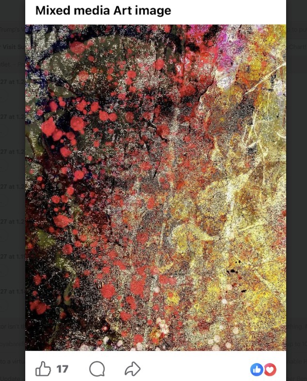 Abstract mixed media artwork with red paint splatters over dark and golden textured background