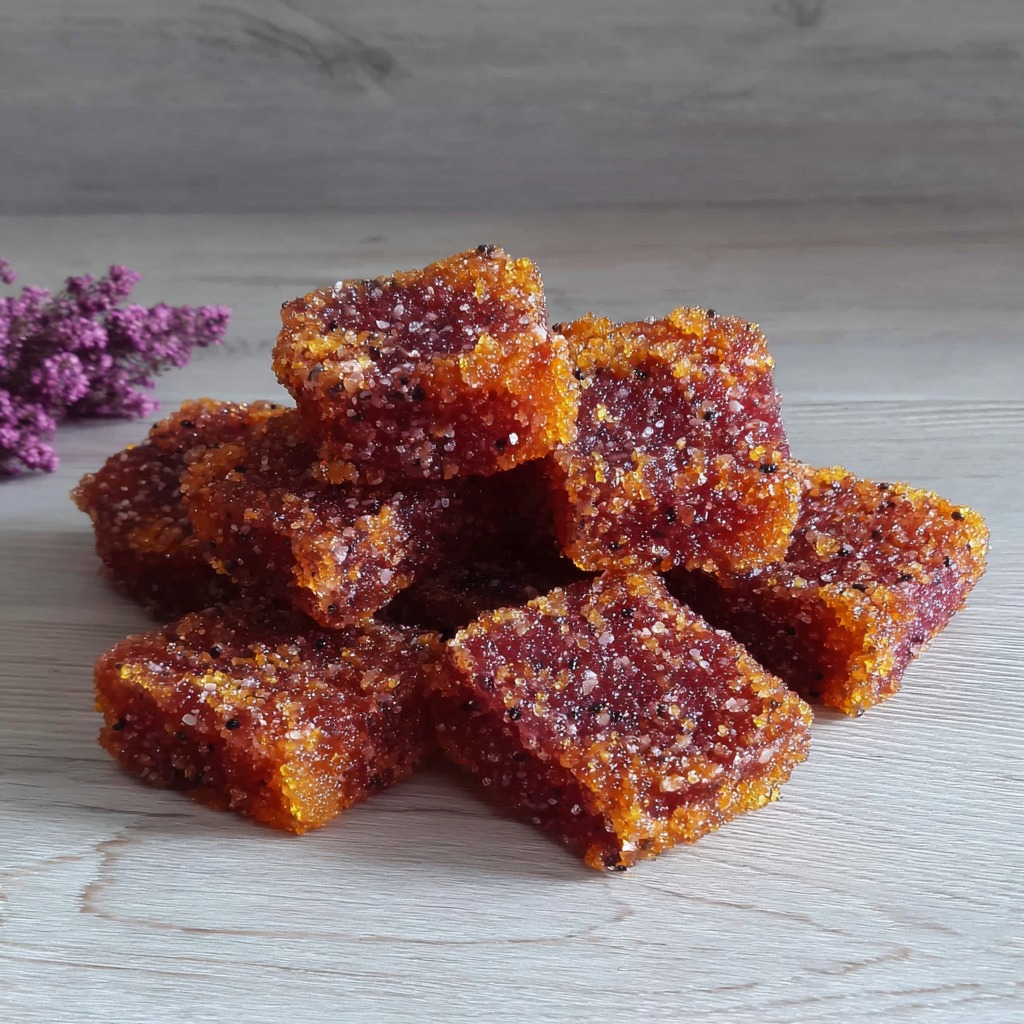 Stack of sugar-coated orange fruit jellies on white wood with purple flowers