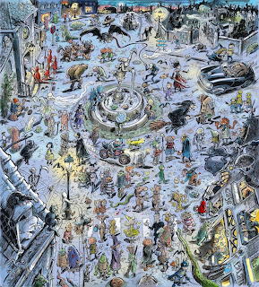 Crowded Halloween illustration showing ghosts, witches, vampires and monsters in a spooky town square at night