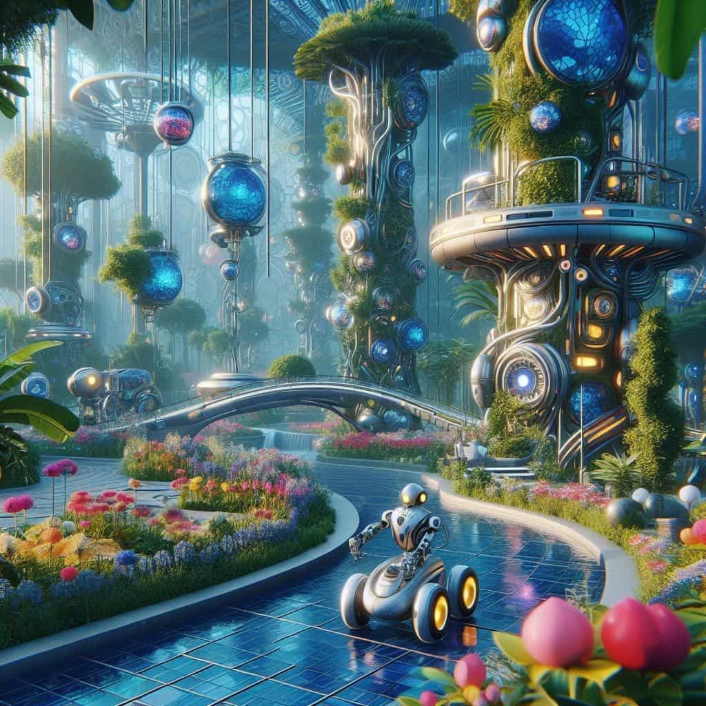 Cartoon character in blue kart racing through colorful fantasy garden with floating spheres and mushrooms