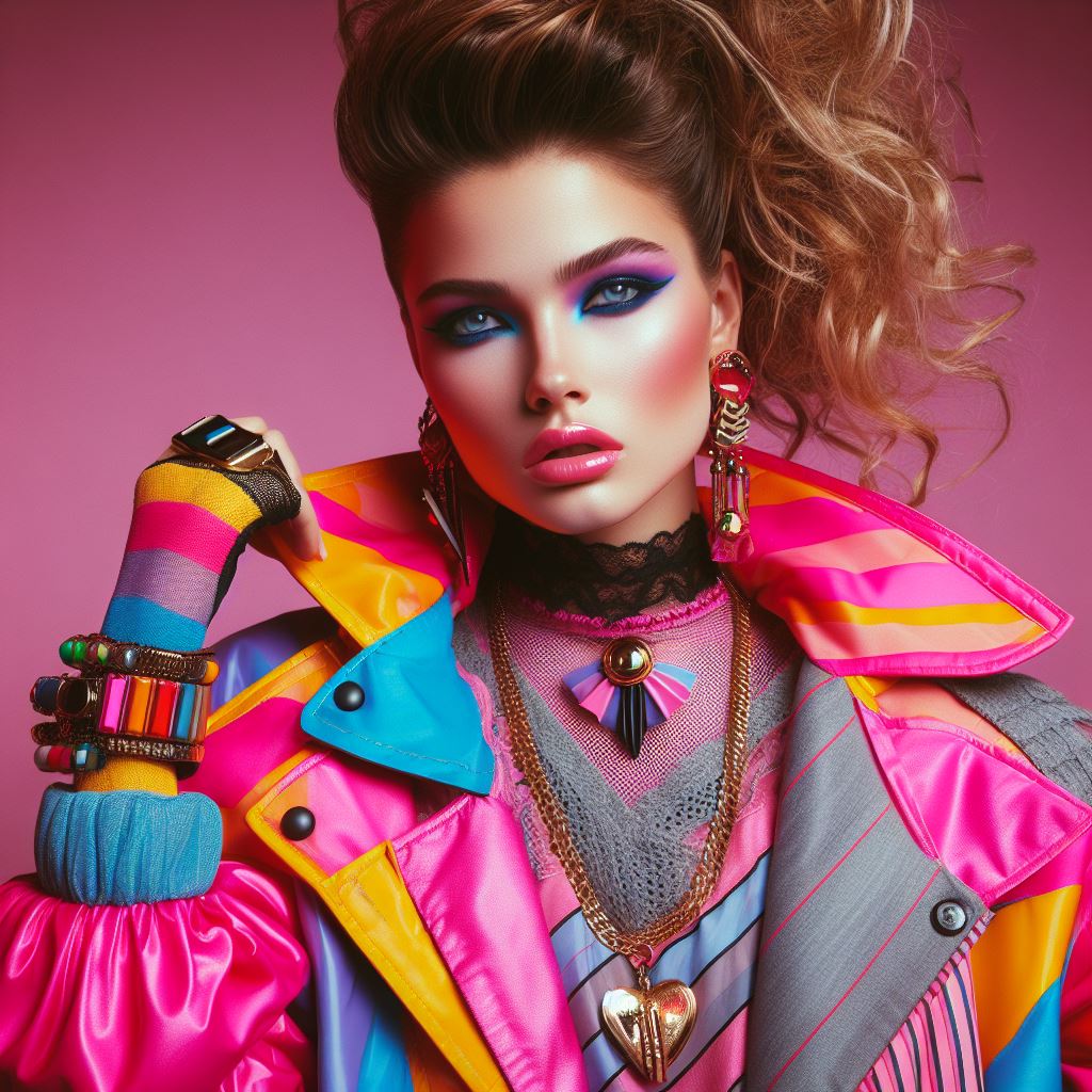 Woman in bright 1980s fashion with bold makeup and colorful geometric jacket