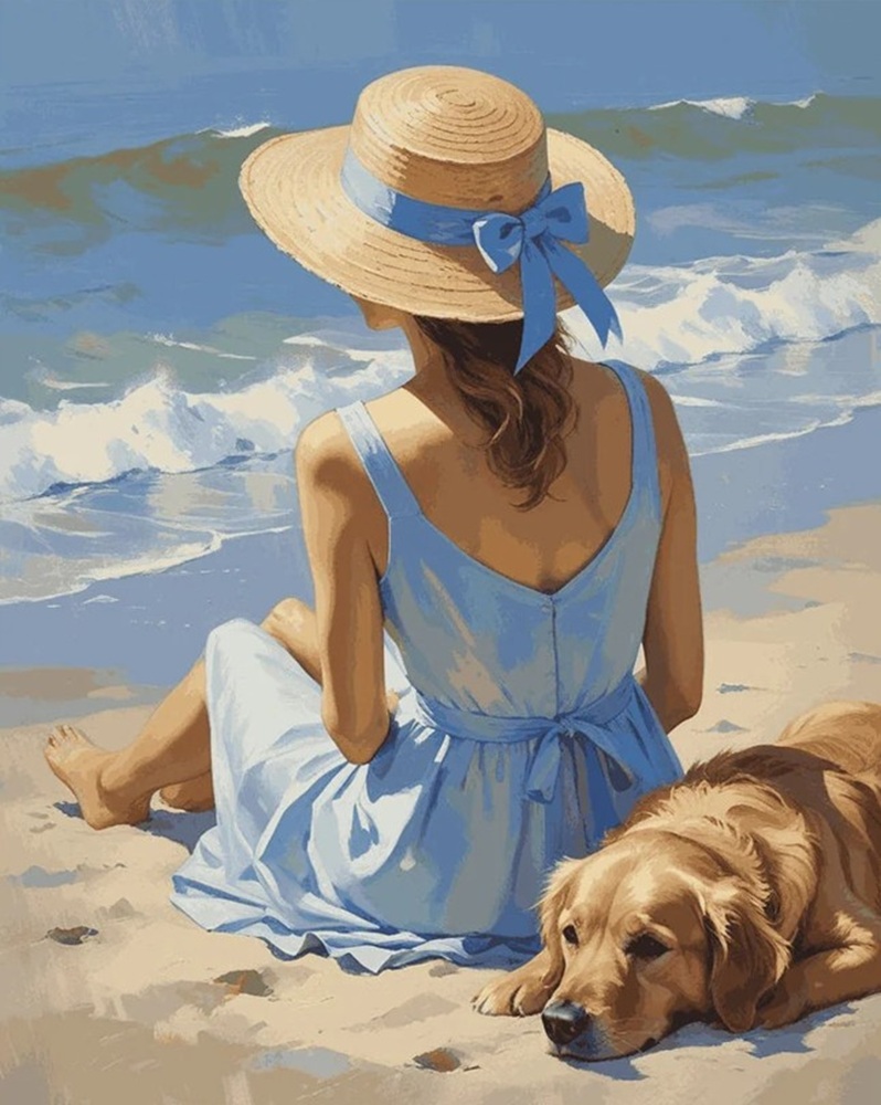 Woman in blue dress and sun hat relaxing on beach with golden retriever beside ocean waves
