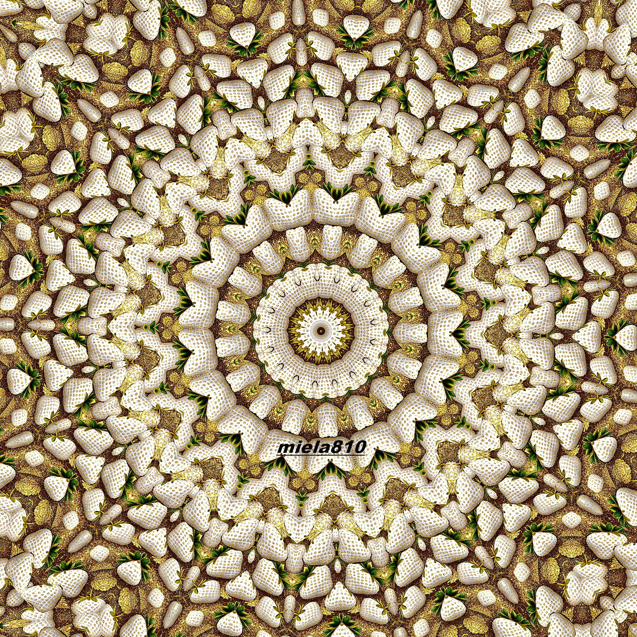 Symmetrical mandala with golden yellow and white floral patterns in concentric circles