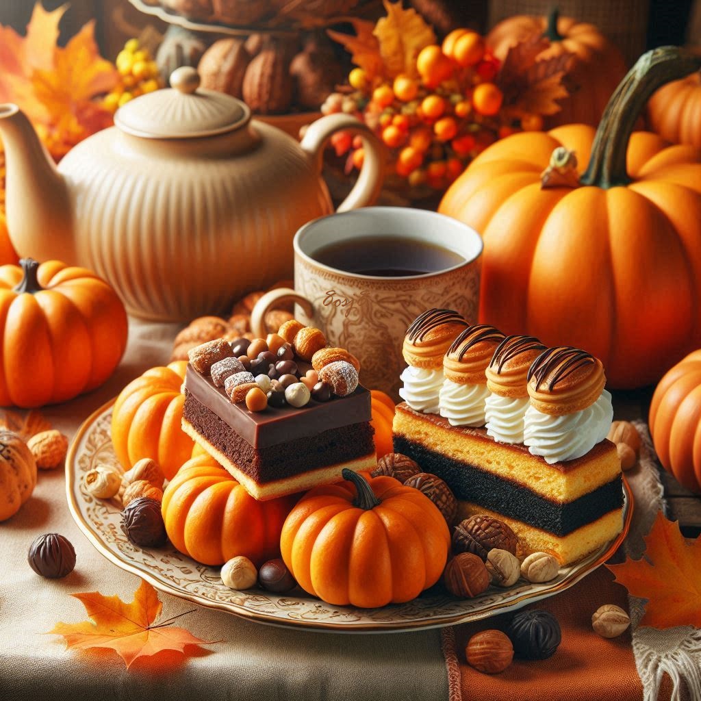 Autumn dessert table with cakes, coffee, pumpkins, and fall decorations in warm orange tones