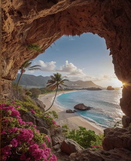 View from a rocky cave overlooking a tropical beach with palm trees, ocean, mountains, and pink flowers