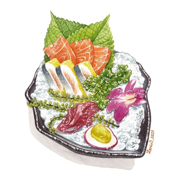 Watercolor illustration of a sashimi plate with sliced fish, shiso leaves, sea grapes, and garnish