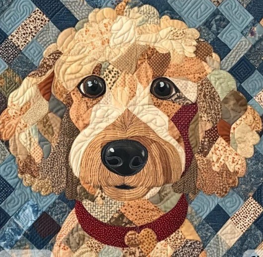 Quilted fabric portrait of a golden dog with large eyes and red collar on blue patchwork background