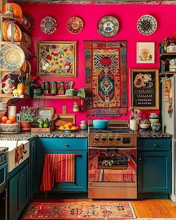 Eclectic kitchen with pink walls, colorful art, decorative plates, teal cabinets and bohemian decor