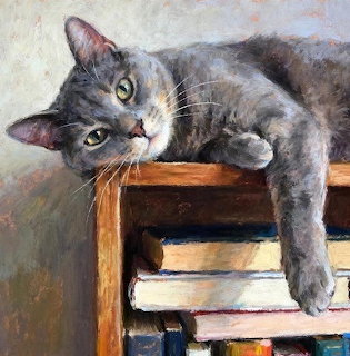 Gray tabby cat draped over a wooden shelf with stacked books beneath, painted in impressionistic style