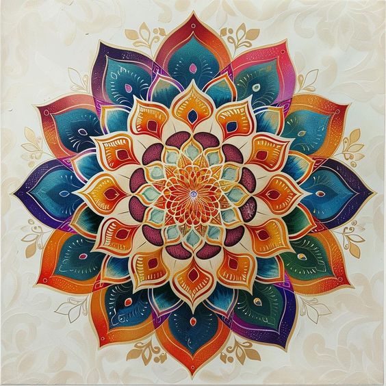 Detailed mandala with radiating lotus petals in orange, blue, red, and purple with gold accents on cream background