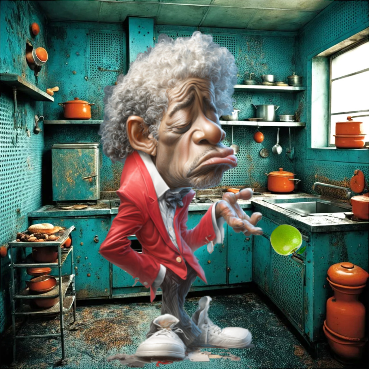 Cartoon character with oversized head in red jacket standing in turquoise kitchen holding green apple