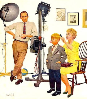 Vintage illustration showing photographer with camera equipment and mother with young boy in studio