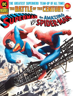 Comic book cover showing Superman and Spider-Man fighting mid-air above a city skyline