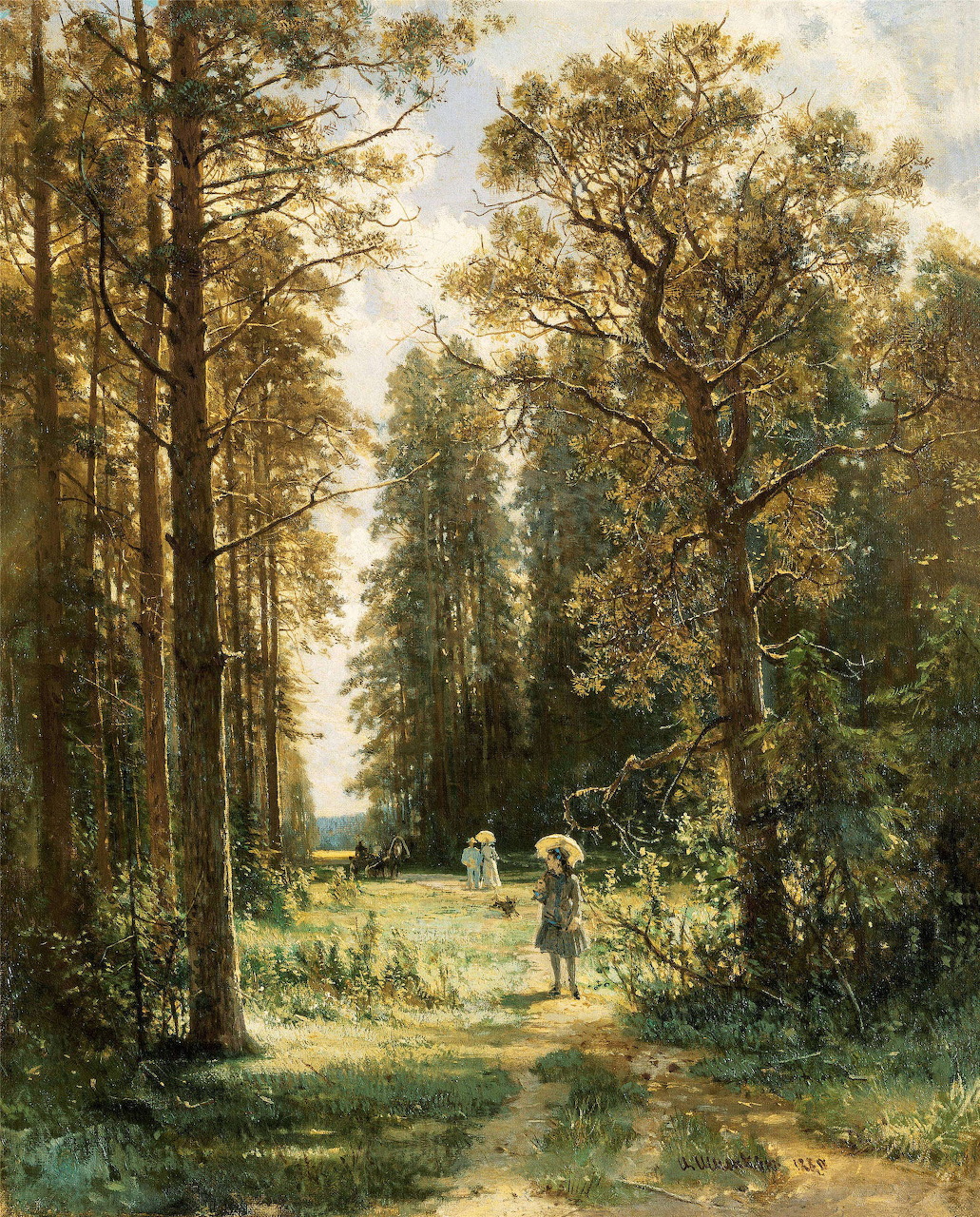 Oil painting of a forest path with tall trees and a person walking in dappled sunlight