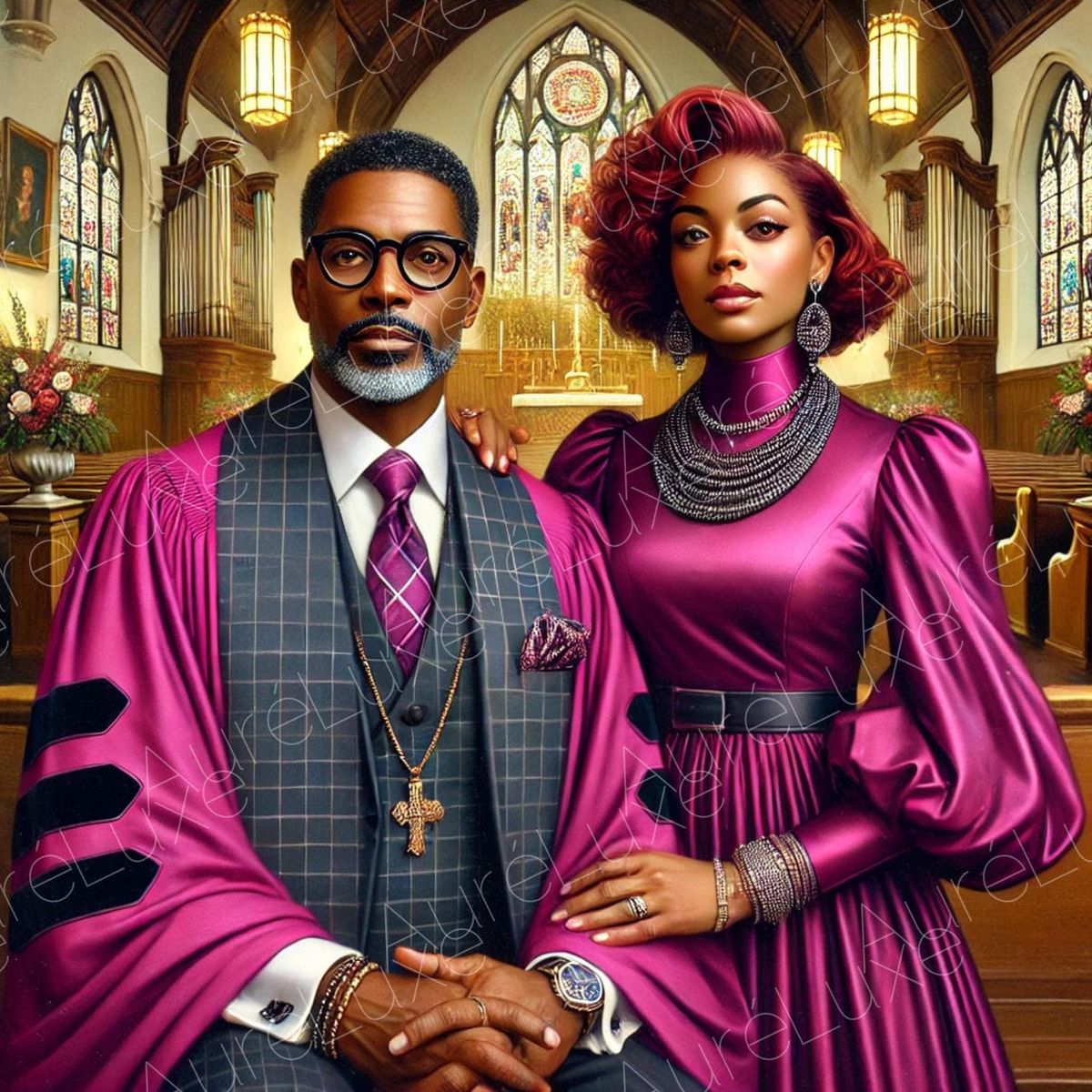 Stylized man and woman in formal magenta clothing standing inside a church
