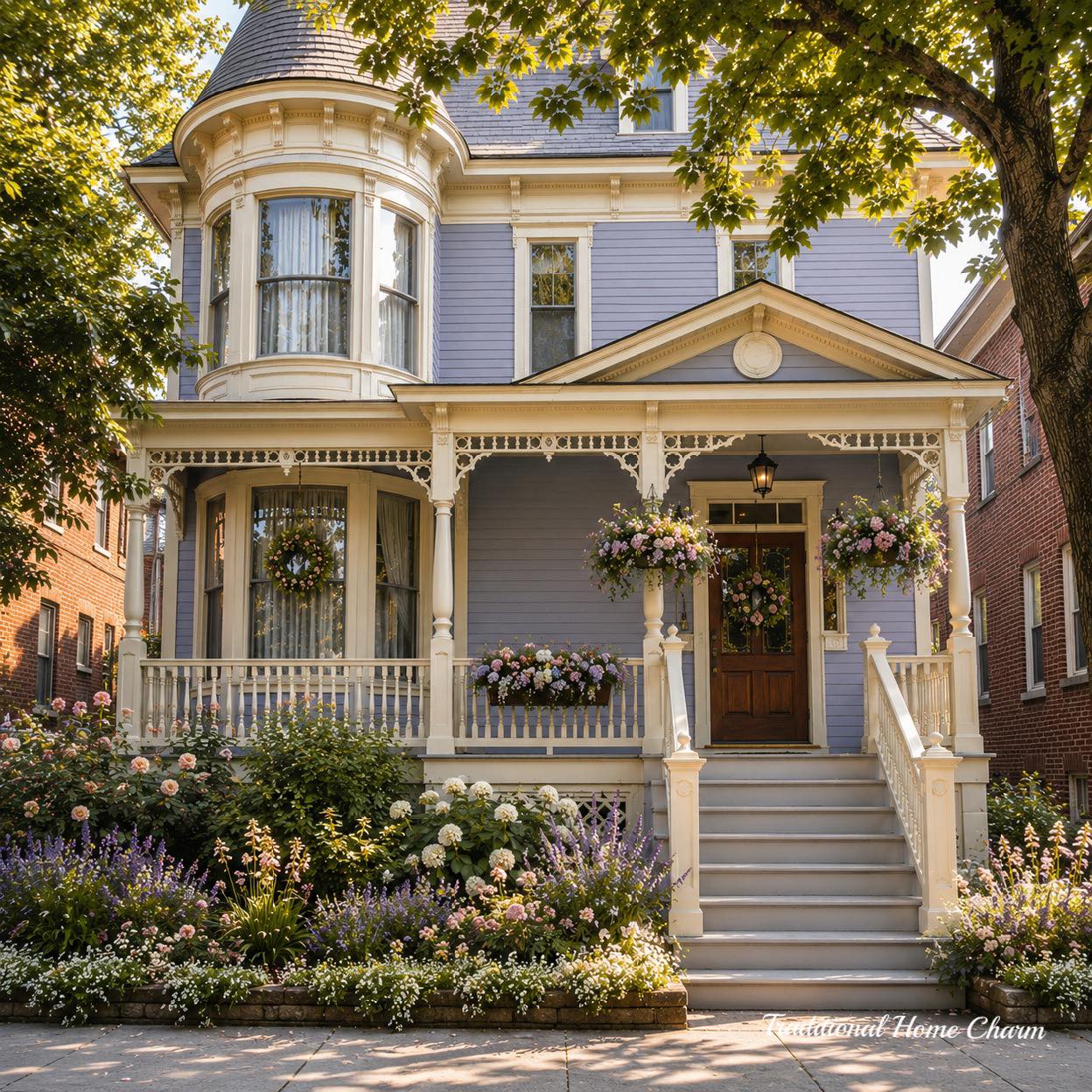 Victorian house with white trim, turret, front porch and garden