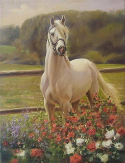 White Horse in Flower Garden