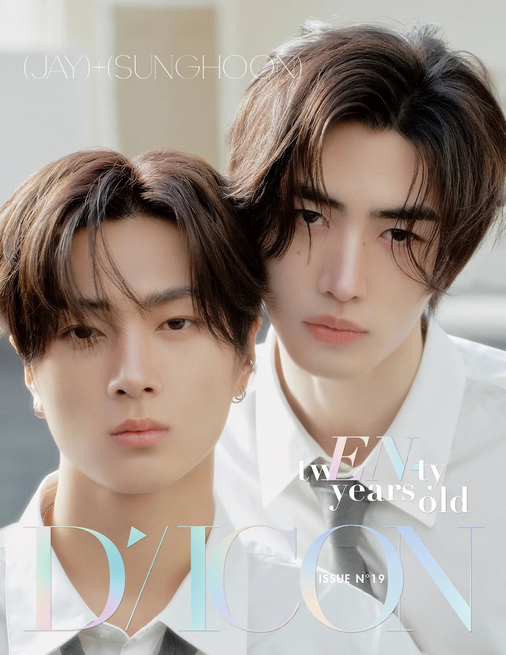 Jay and Sunghoon from Enhypen posed together on a DICON magazine cover