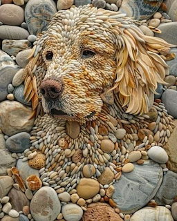Golden retriever face made from arranged seashells and pebbles on a stone background