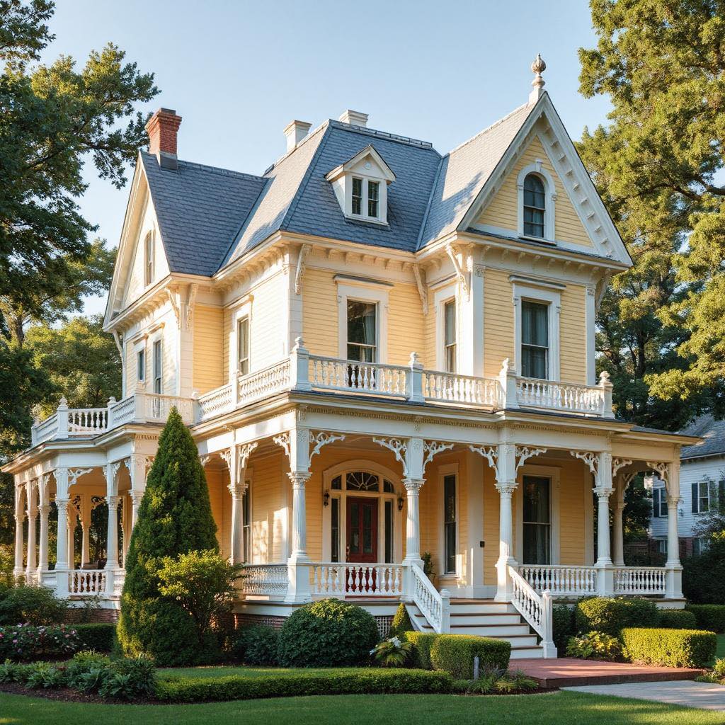 Yellow Victorian house with white decorative trim and wraparound porch on green lawn