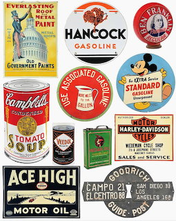 Collage of vintage advertising signs for gasoline, motor oil, Campbell's soup, and other mid-century brands