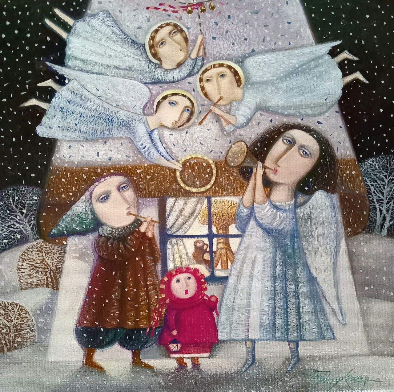 Folk art painting of angels above two children in a snowy winter village scene