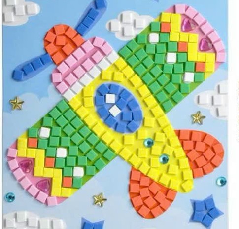 Colorful mosaic airplane made of small square tiles with rainbow wings and decorative stars on blue background