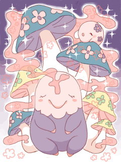 Cute pastel illustration of Muna and Musharna Pokémon with decorative mushrooms and sparkles
