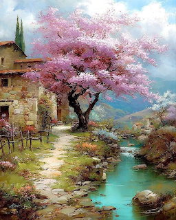 Painting of a pink cherry blossom tree next to a stone house with a turquoise stream and mountain backdrop