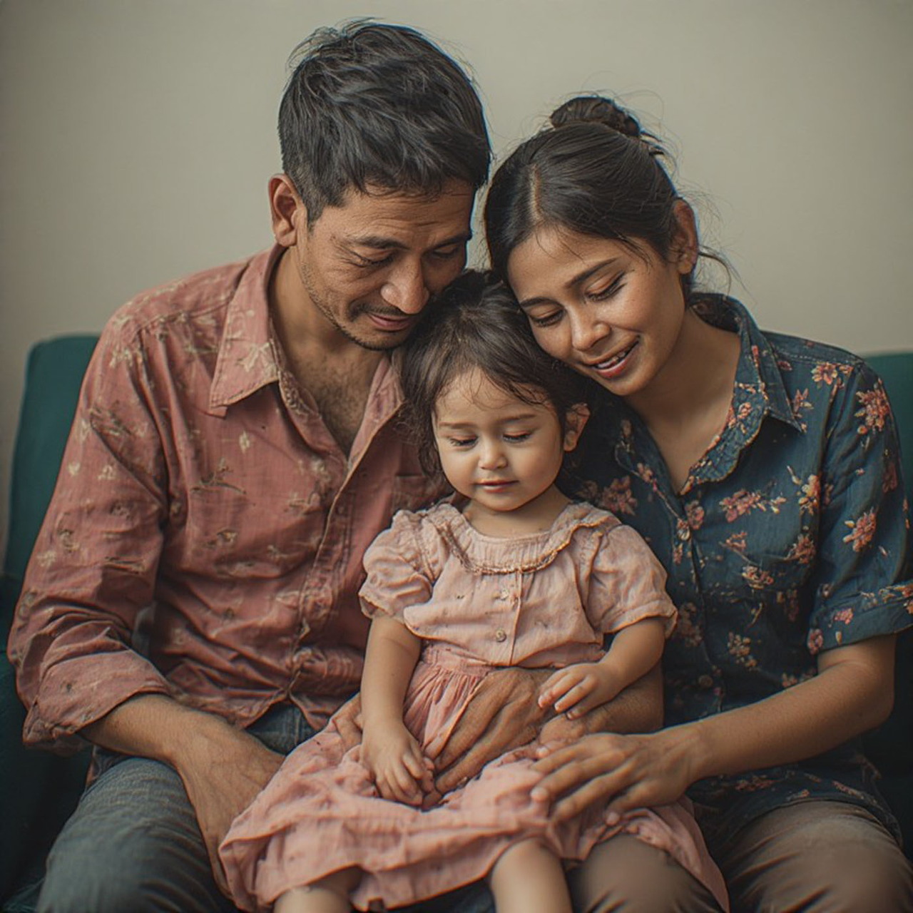 Man, woman, and young girl sitting together in a close family portrait indoors