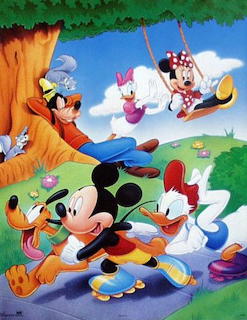 Mickey Mouse, Donald Duck, Goofy, Minnie, Daisy and Pluto playing outside in a classic Disney cartoon illustration