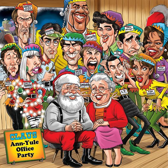 Cartoon office Christmas party with Santa, coworkers, and festive decorations in humorous style