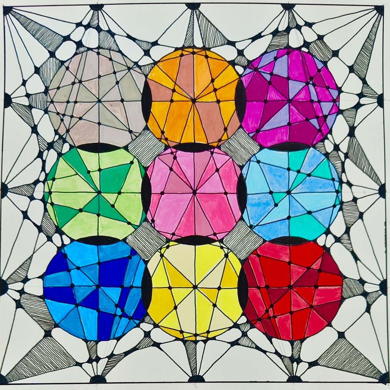 Abstract image of seven colorful circles with black geometric web patterns on a white background